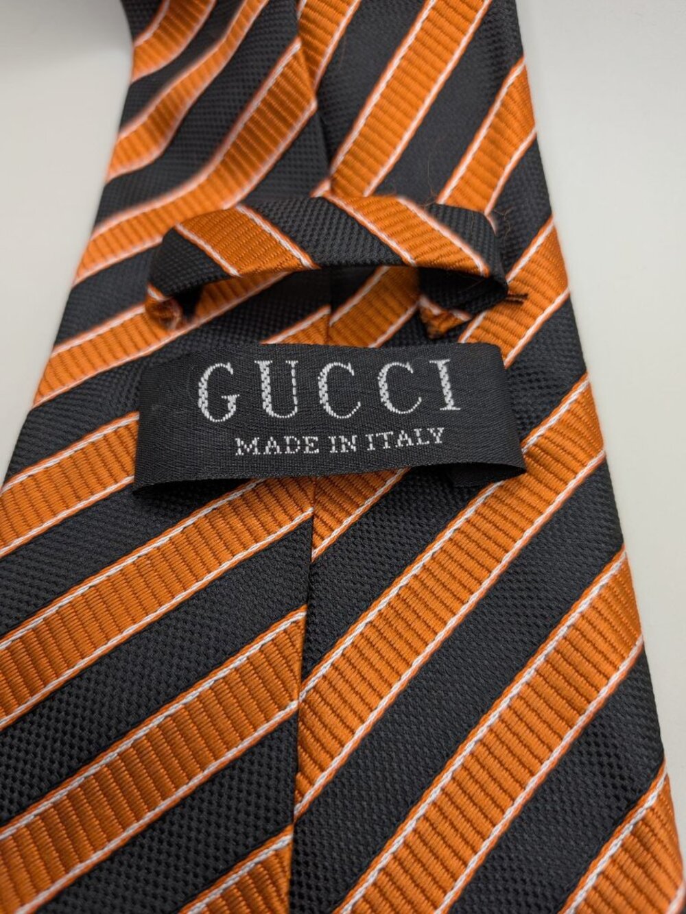 Gucci 100% Silk Tie Made in Italy Orange Black Striped Necktie